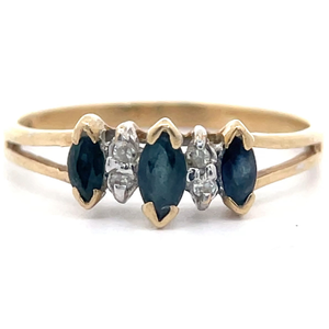Estate Marquise Natural Blue Sapphire & Natural Diamond Ring in Yellow Gold VIDEO