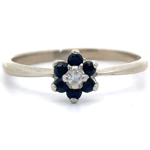 Natural Blue Sapphire & Natural Diamond Cluster Flower Estate Ring in White Gold VIDEO