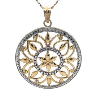 Sundial Filigree Flower Trellis Eternity Circle Pendant in Two-Tone Gold VIDEO