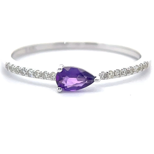 0.28 Carat Pear Natural Amethyst & Natural Diamond Stacking Ring in 14k White Gold VIDEO