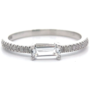 Baguette White Topaz & Pav Natural Diamond East-West Stacking Ring in 14k White Gold VIDEO