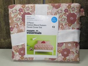 Room Essential 2 Piece Cotton Blend Sateen Duvet Cover Set TwinXL Twin, Pink Floral