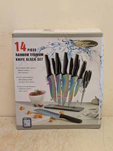 NEW MARCO ALMOND RAINBOW TITANIUM KNIFE BLOCK SET 14PC