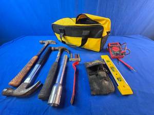 Tool Bag Full of Assorted Tools, Hammers, Level, Bits, Volt Meter, Etc.