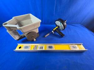 Assorted Household Tools, 25ft Drill Powered Drain Auger, Stanley 24in Level and Handheld Spreader
