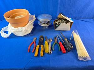 Bin of Assorted Items, Box of Nails, Assorted Tools, 3 New Pots, Etc.