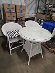 White Wicker Table with glass top and 2 Chairs