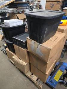 Pallet of Assorted Boxes and Bins of Misc. Household Items, Shoes, Home Decor, Building Materials, Garage Items and More