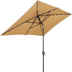 Sun-Ray Rectangular Patio Umbrella 6.6ft by 10ft with 22 Solar Powered LED Lights, Push-Button Tilt and Hand Crank Lift, Solar Umbrella with Solution Dyed Taupe Fabric for Porch, Deck, and Patio