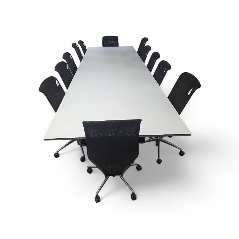 Halcon 14ft Conference Table, Outlets in each Drawer  w 12 Leather Mesh Back Fully Adjustable Vitra Chairs Valued $22,000