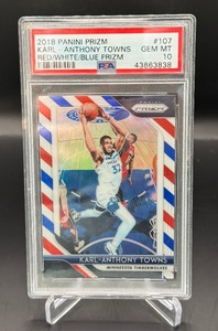 Karl-Anthony Towns PSA 10 Gem Mint RedWhiteBlue Prizm 2018 #107 Minnesota Timberwolves Basketball Card