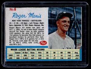 Roger Maris 1962 Post #6 Vintage Baseball Card