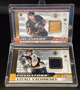 2 Double Sided NHL Hockey Relics 2002 Vanguard Game-Upsed Memorabilia #16 and #18 - Bates, Czerkawski, Yachmenev, Ronning