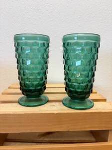 Pair Mid-Cent 6 Teal Whitehall Colony Indiana Glass Cubist Footed Ice Tea Glasses - Very hard to find