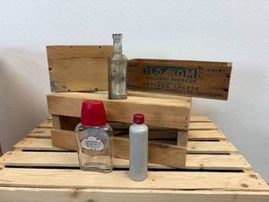 (5) Antique Packaging Bottles and Wood Boxes
