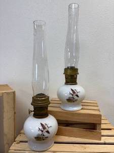 2 Aladin Lamps Milk Glass Pheasent Design One of the Hurricanes is broken