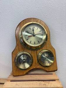 Working Heavy Brass Portal Style Clock, Barometer and Thermometer
