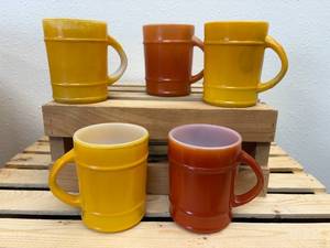 (5) Fireking Barrel Milk Glass Coffee Mugs