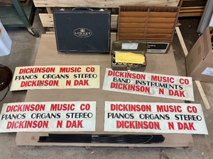 Dickinson Music Co. Advertising, window magnet signs, VINTAGE cabinet repair kit & other music equipment