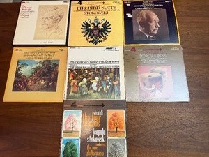 a collection of vintage vinyl records primarily featuring classical orchestral music from artists like Tchaikovsky, Stravinsky, and Vivaldi