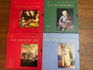 Collection of four vintage The Story of Great Music boxed sets, covering major classical periods including The Baroque Era, Age of Elegance, The Opulent Era, and The Romantic Era