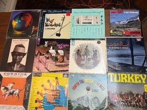 vintage internationalworld music LPs featuring a diverse mix of cultural recordings from India, China, Turkey, Brazil, and global folk tradition