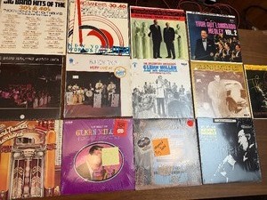 Vintage big band and swing LP collection featuring iconic artists including Glenn Miller, Buddy Rich, Guy Lombardo, and the Chesterfield Orchest