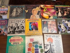 Vintage big band and swing LP collection featuring artists such as Benny Goodman, Les Elgart, Russ Morgan, and various big band orchestras