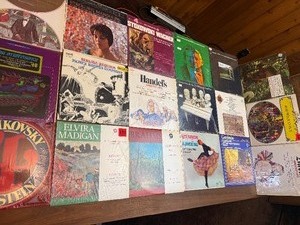 Vintage classical LP collection featuring well-known composers including Brahms, Handel, Mozart, Vivaldi, Gershwin, and Beethoven,