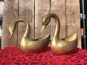 Vintage Pair Large Brass SWAN Planters