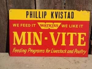 Vintage WATKINS Min-Vite Metal Advertiser Feed Sign 20 x 12