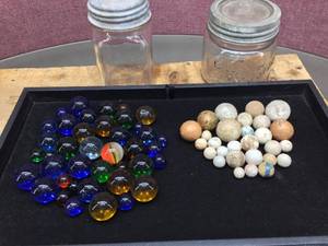 2 Old Jars with Marbles - Clay - Ceramic - Glass - Porcelain