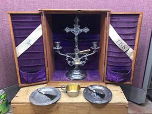 Antique 1890s Wood - Last Rites Viaticum Cabinet  Accessories