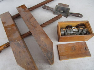 Antique Screw Clamp, Draw Knife, Molding Cutter Set
