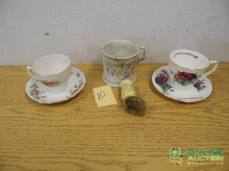 2 Teacups, Shaving Mug w Brush