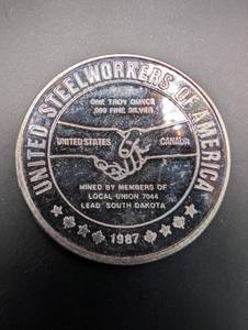 United Steelworkers 1 oz .999 Fine Silver Round 1987 Handshake - Local Union 7044 Lead, SD
