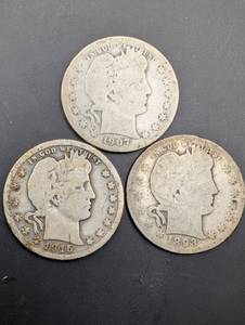 Barber Quarter Dollars - 3 Coins (1893, 1907, 1915)