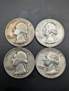 US 90% Silver Quarters 1950, 1956, 1963, 1964 (Lot of 4)
