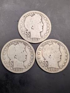 Barber Quarters (Lot of 3) - 1900, 1903, 1908 United States 25-Cent Silver Coins