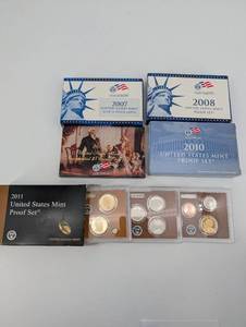 United States Mint Proof Set Collection (2007, 2008, 2010, 2011) & Presidential $1 Coin Set (2007)