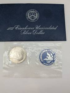 40% Silver 1973 Eisenhower Uncirculated Silver Dollar in Treasury Sleeve with Blue Medallion