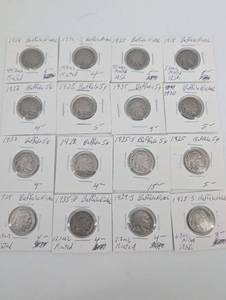 Buffalo Nickel - Mixed Years 1913-1938, 16 Coins in Clear Holders