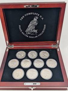 Peace Dollar Collection - 12 Coins (1921-1935) in Wood Display Box Includes Key 1921!
