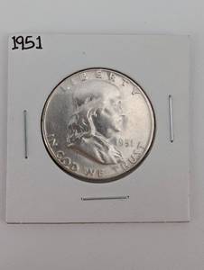 1951 Franklin Half Dollar - 50c Silver Coin, Benjamin Franklin, Liberty Bell