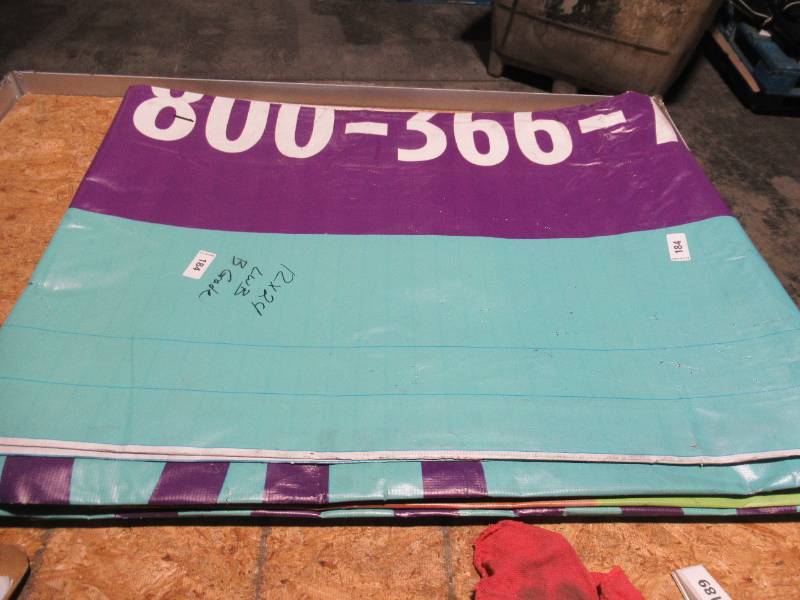 12 x 24 7 oz. Black Vinyl Tarp w Advertisement  Reused Billboard  7 mil Lightweight Duty -B Grade