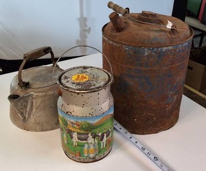 Chupa Chips - Vintage TIn Large Gas Can - Vintage Tea Kettle - All in one lot