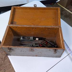 Vintage Tool box (Wooden) with several misc. Tools (pipe cutter, flare tool, pliers, etc.)