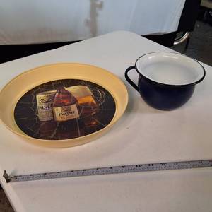 Authentic Vintage Falstaff Serving tray plus a real old large enamel Biggest Beer Drinkers Cup