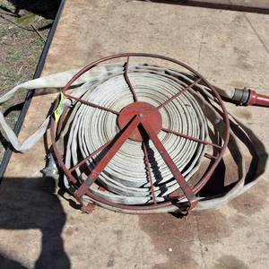 Vintage Fire Hose, 2 inches with nozzle with brass ends PR2934 with metal stand
