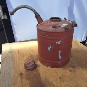 Vintage Painted 2 gal Tin Can with wooden handle, 10 inches tall with metal spout